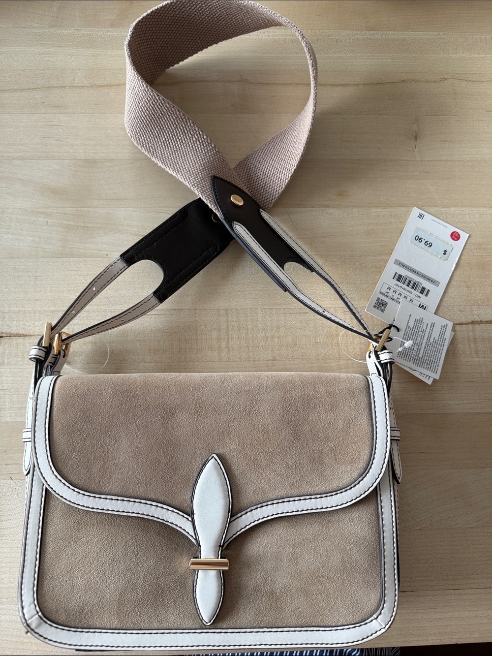 Zara Taupe Suede Crossbody Bag with Cream Trim and Woven Strap